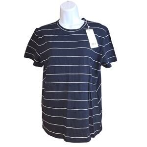 NWT Vince Women's Skinny Stripe Crewneck cotton Navy/White  T-Shirt sz L